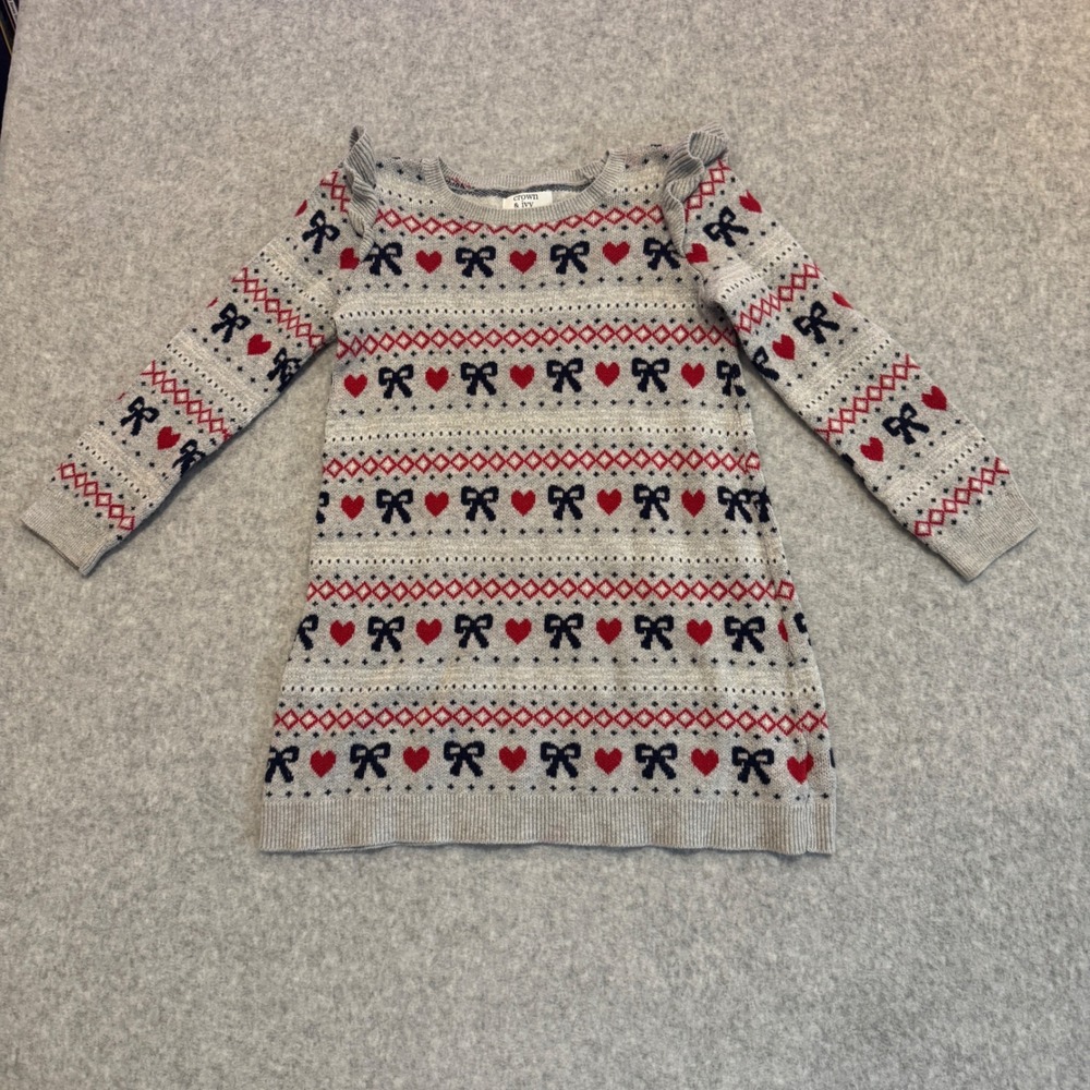 Crown & Ivy Kids 4T Gray Fair Isle Bow Heart Ruffle Cotton Sweater Dress Holiday